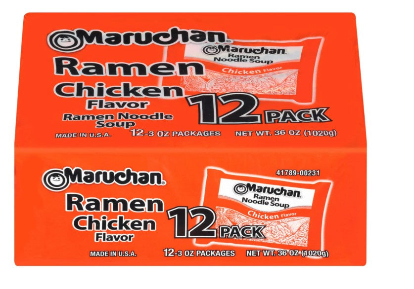 Flexile - Maruchan Ramen Noodle Chicken Flavor Soup, 3 oz, 12 Count Shelf Stable Package