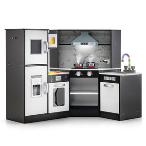 inQ Boutique - Interactive Kids Play Kitchen with Ice Maker & Chalkboard, Corner Design Pretend Cooking Set with Realistic Sound Effects-Coffee