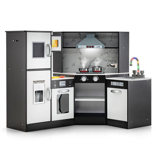 inQ Boutique - Interactive Kids Play Kitchen with Ice Maker & Chalkboard, Corner Design Pretend Cooking Set with Realistic Sound Effects-Coffee