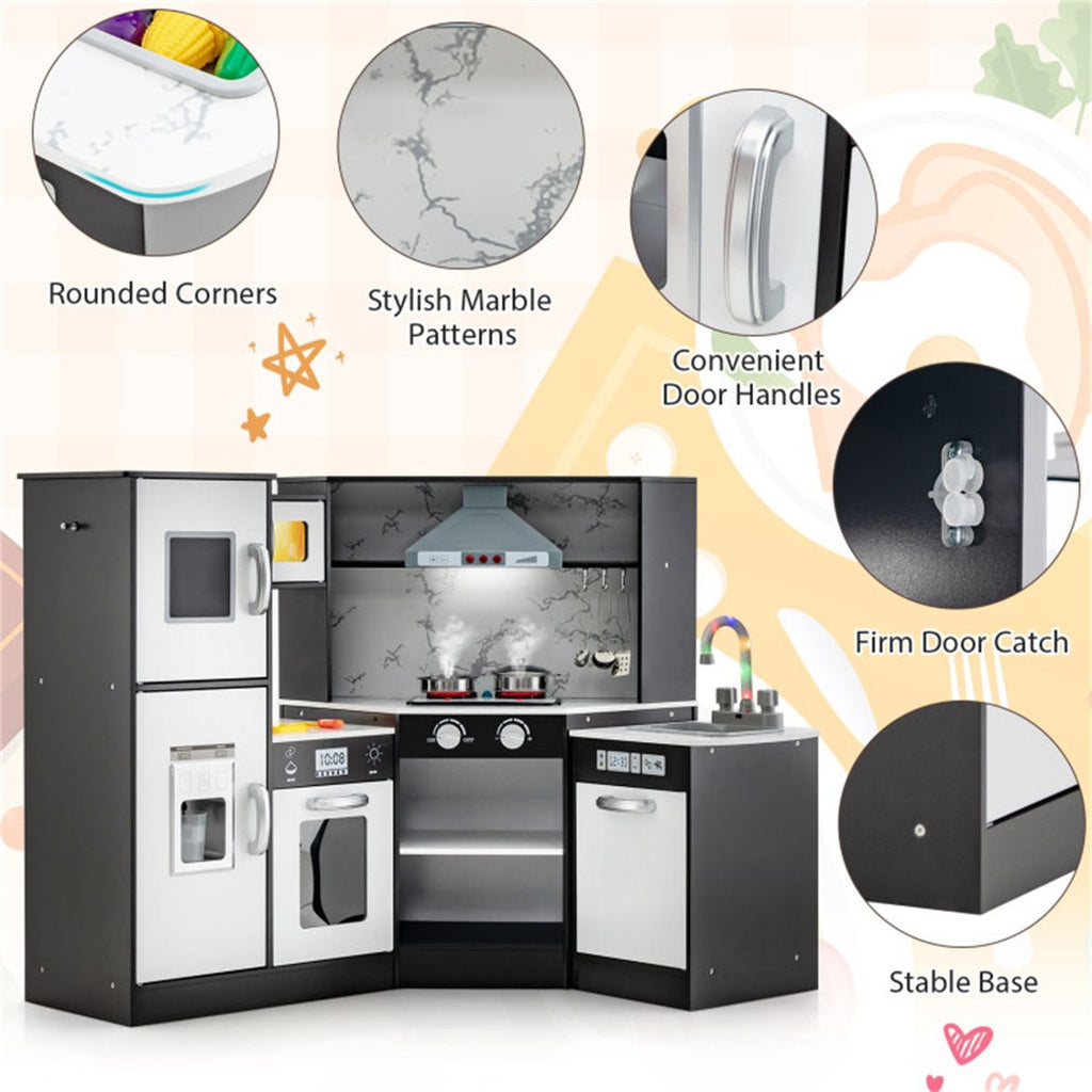 inQ Boutique - Interactive Kids Play Kitchen with Ice Maker & Chalkboard, Corner Design Pretend Cooking Set with Realistic Sound Effects-Coffee
