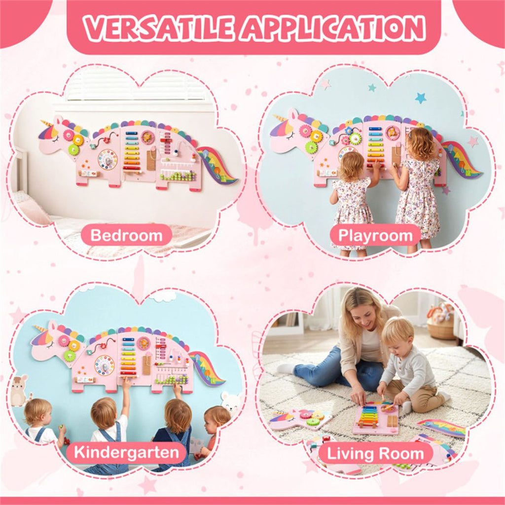 inQ Boutique - 11-in-1 Dinosaur Activity Wall Busy Board Panels-- Wooden Sensory Toy-Pink
