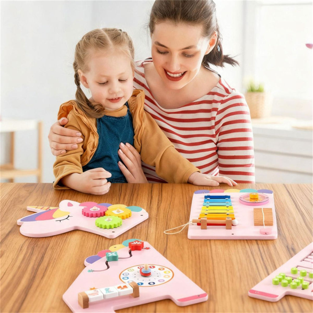 inQ Boutique - 11-in-1 Dinosaur Activity Wall Busy Board Panels-- Wooden Sensory Toy-Pink