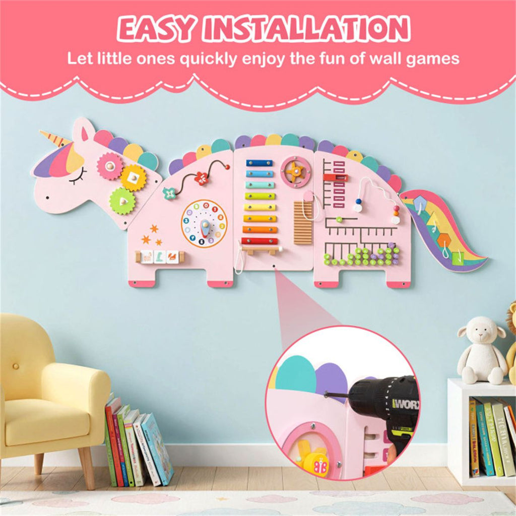 inQ Boutique - 11-in-1 Dinosaur Activity Wall Busy Board Panels-- Wooden Sensory Toy-Pink