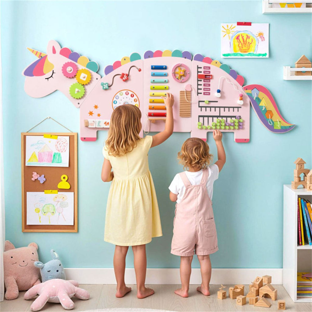 inQ Boutique - 11-in-1 Dinosaur Activity Wall Busy Board Panels-- Wooden Sensory Toy-Pink