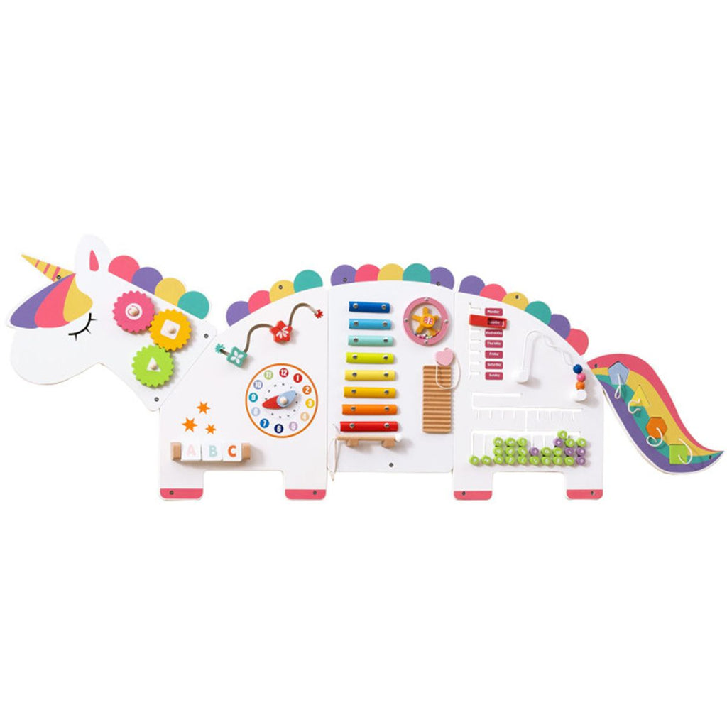 inQ Boutique - 11-in-1 Dinosaur Activity Wall Busy Board Panels-- Wooden Sensory Toy-White