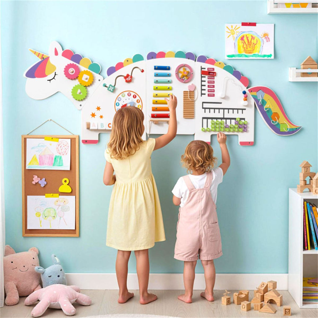 inQ Boutique - 11-in-1 Dinosaur Activity Wall Busy Board Panels-- Wooden Sensory Toy-White