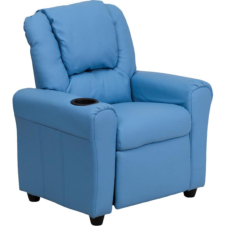 Contemporary Light Blue Vinyl Kids Recliner with Cup Holder and Headrest - Flash Furniture