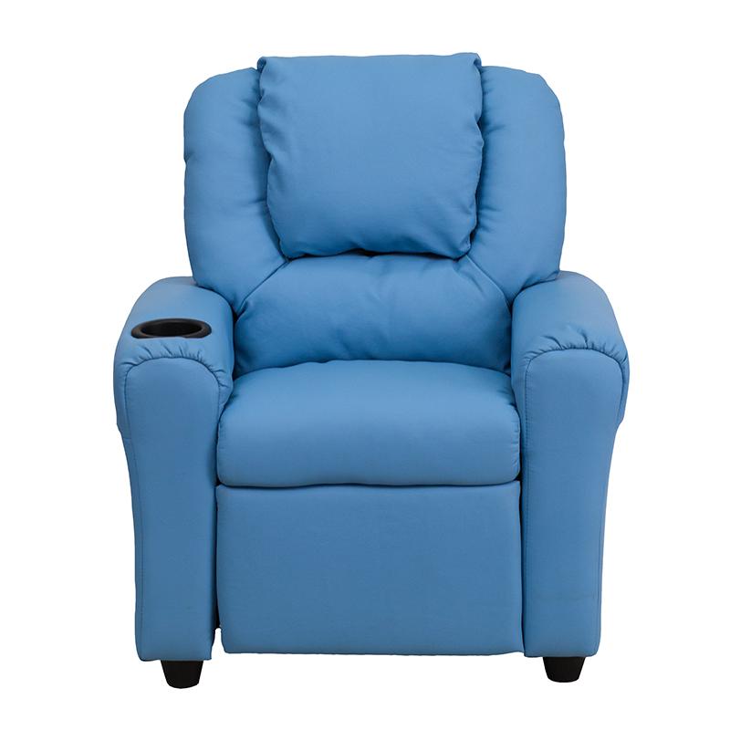 Contemporary Light Blue Vinyl Kids Recliner with Cup Holder and Headrest - Flash Furniture