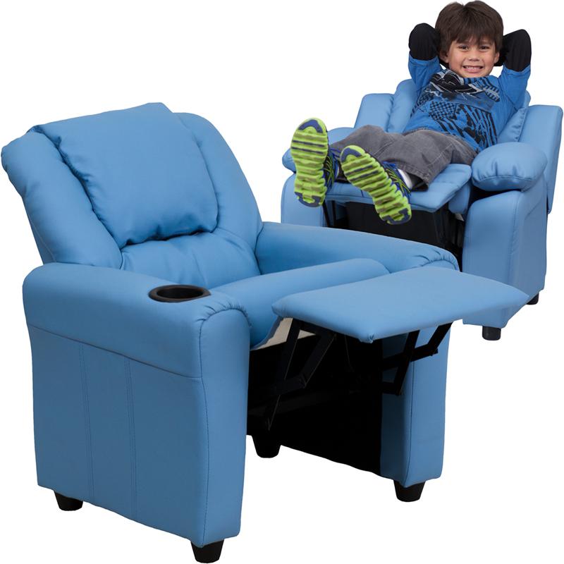 Contemporary Light Blue Vinyl Kids Recliner with Cup Holder and Headrest - Flash Furniture
