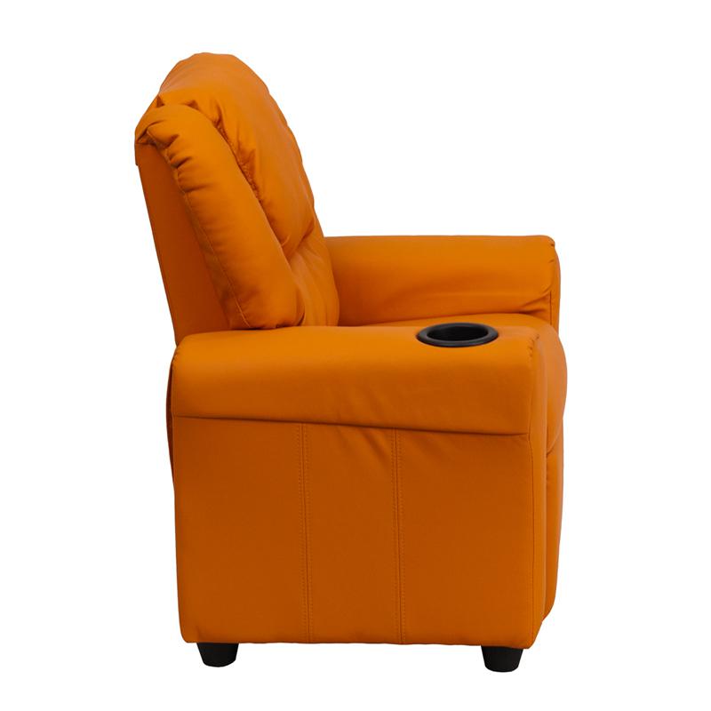 Contemporary Orange Vinyl Kids Recliner with Cup Holder and Headrest - Flash Furniture