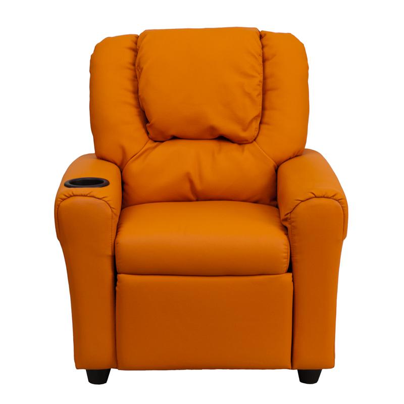 Contemporary Orange Vinyl Kids Recliner with Cup Holder and Headrest - Flash Furniture