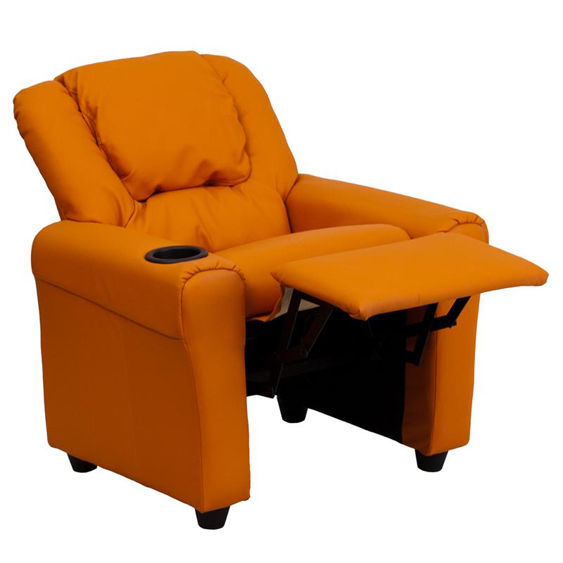 Contemporary Orange Vinyl Kids Recliner with Cup Holder and Headrest - Flash Furniture