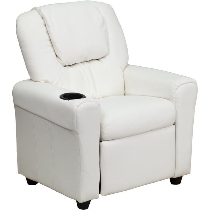 Contemporary White Vinyl Kids Recliner with Cup Holder and Headrest - Flash Furniture