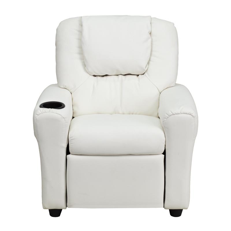 Contemporary White Vinyl Kids Recliner with Cup Holder and Headrest - Flash Furniture