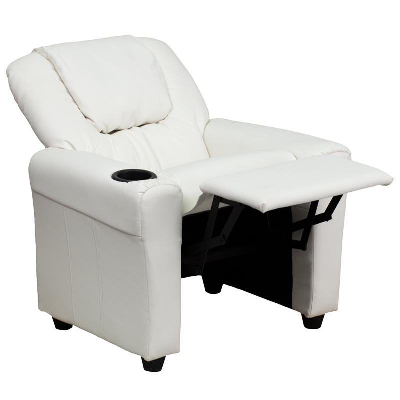 Contemporary White Vinyl Kids Recliner with Cup Holder and Headrest - Flash Furniture