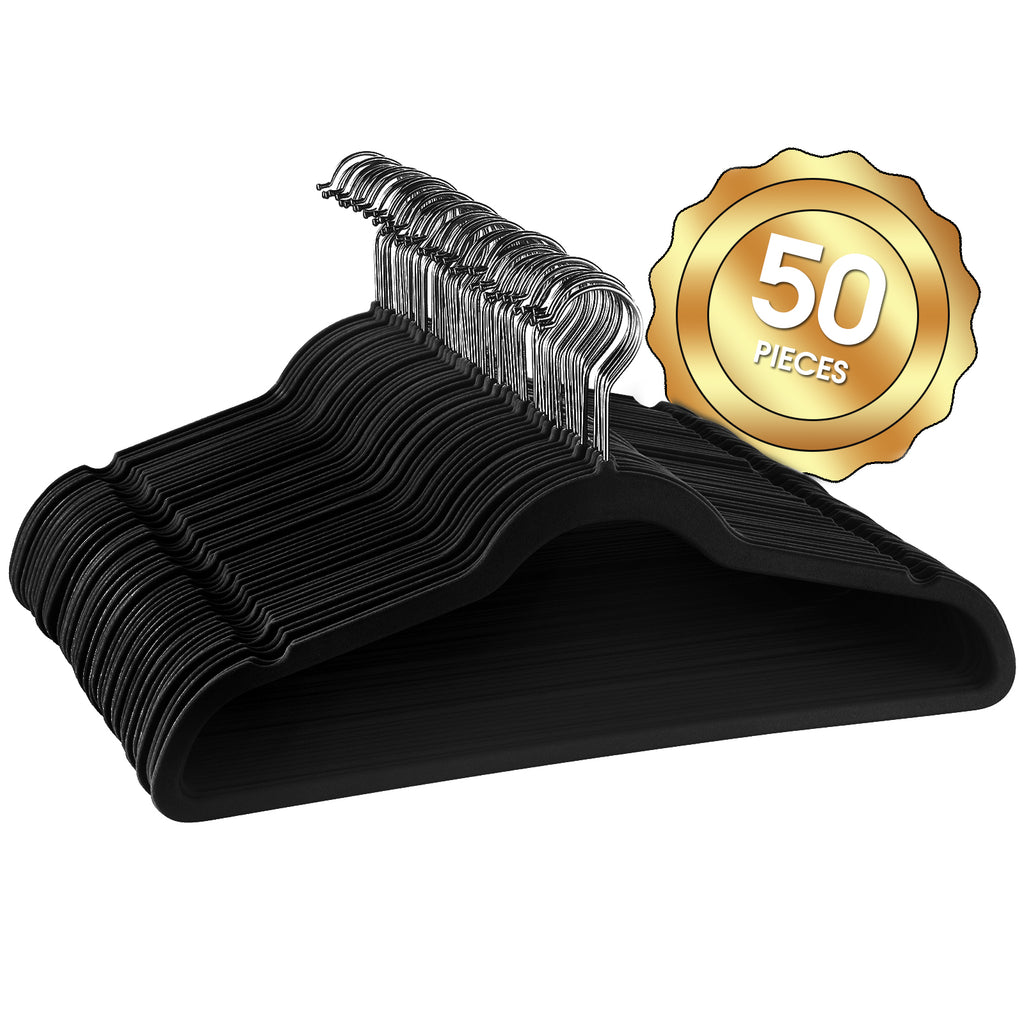 Elama Home  50 Piece Flocked Velvet Clothes Hangers with Stainless Steel Swivel Hooks in Black