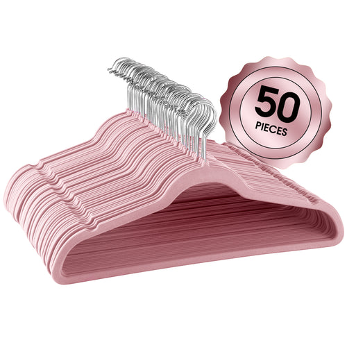 Elama Home  50 Piece Flocked Velvet Clothes Hangers with Stainless Steel Swivel Hooks in Pink