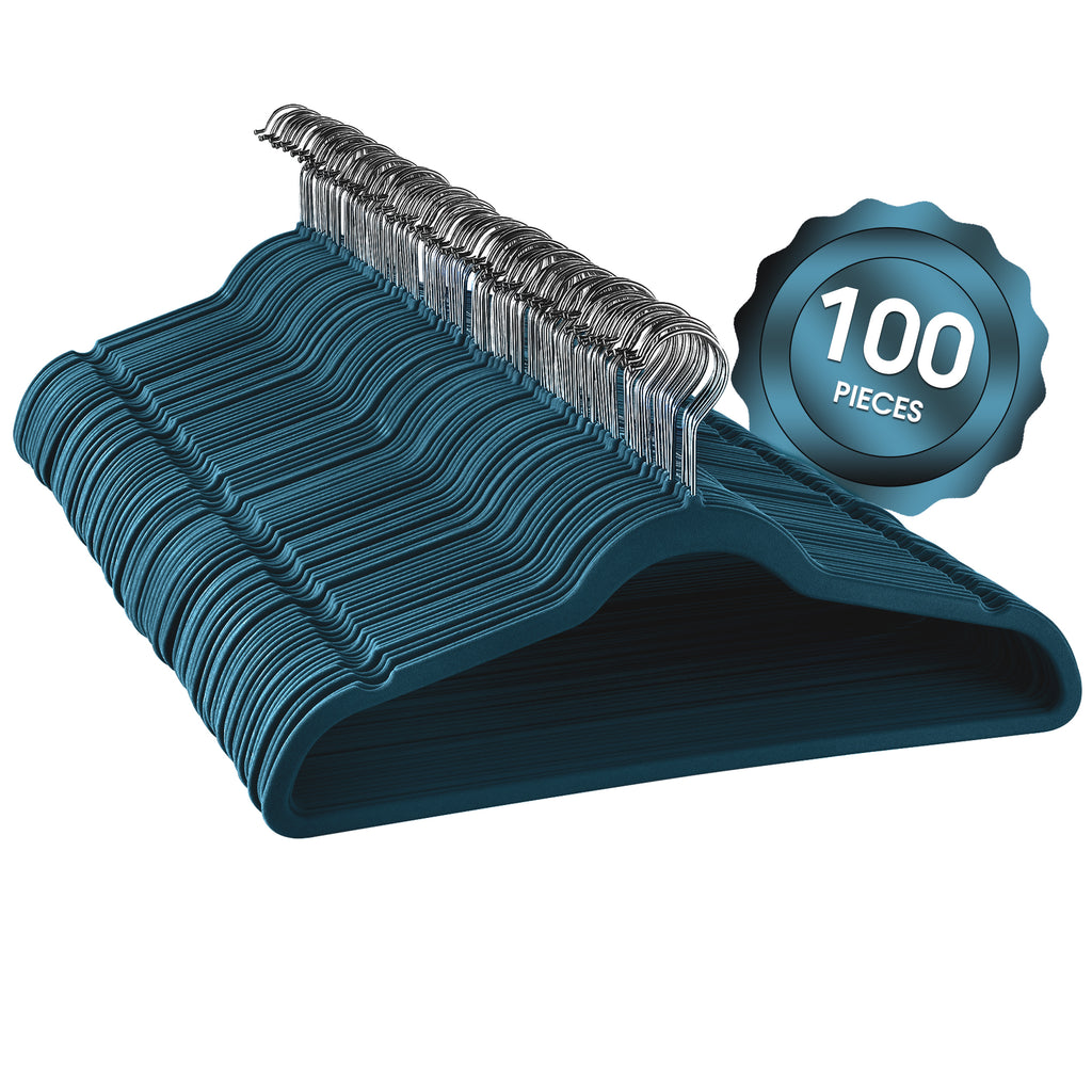 Elama  Home 100 Piece Velvet Slim Profile Heavy Duty Felt Hangers with Stainless Steel Swivel Hooks in Blue