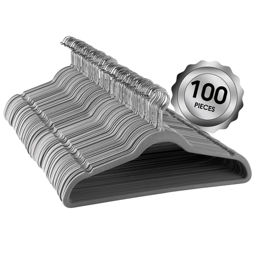 Elama 100 Piece Set of Velvet Slim Profile Heavy Duty Felt Hangers with Stainless Steel Swivel Hooks in Gray