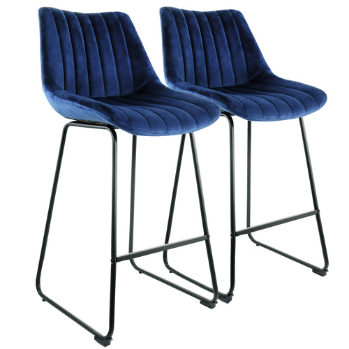 Elama  2 Piece Velvet Stripe Stitch Bar Chair in Royal Blue with Metal Legs