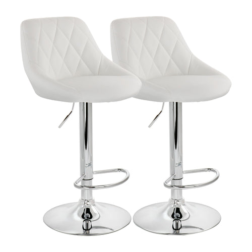 Elama  2 Piece Diamond Stitched Faux Leather Bar Stool in White with Chrome Base  and Adjustable Height