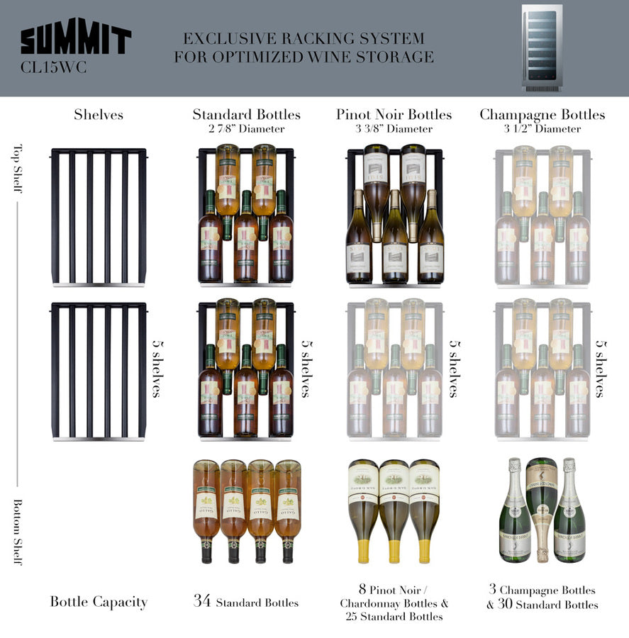 15'' Wide Built-In Wine Cellar With Seamless Stainless Steel Trimmed Low-E Glass Door - CL15WC Summit Classic