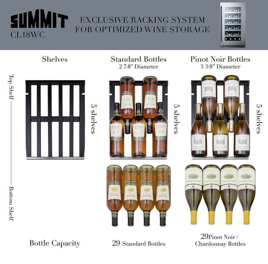 18'' Wide Built-In Wine Cellar With Seamless Stainless Steel Trimmed Glass Door And Stainless Steel Wrapped Cabinet - CL18WCCSS Summit Classic