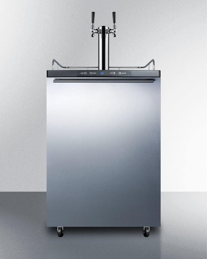 Freestanding Commercially Listed Dual Tap Beer Dispenser, Auto Defrost With Digital Thermostat, Stainless Steel Door, Horizontal Handle, And Black Cabinet - SBC635M7SSHHTWIN Summit Commercial