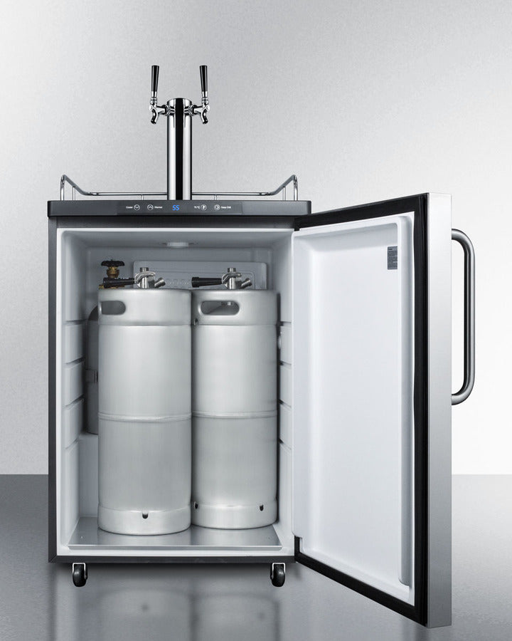 Freestanding Dual Tap  Beer Dispenser, Auto Defrost With Digital Thermostat, Ss Wrapped Door, Towel Bar Handle, And Black Cabinet - SBC635MSSTBTWIN Summit