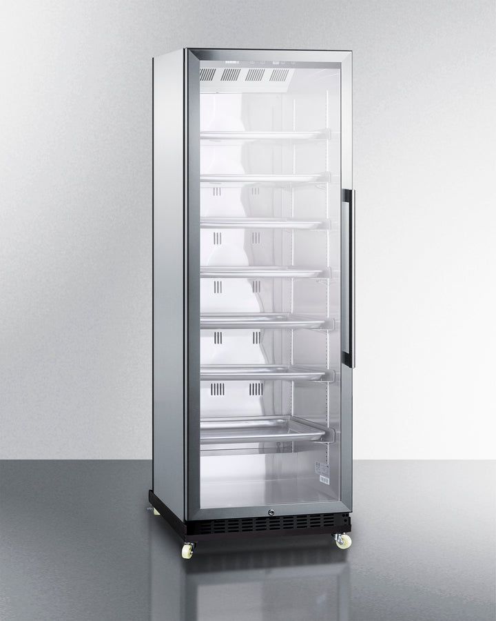 24'' Wide Upright Mini Reach-In Beverage Center With Stainless Steel Interior And Exterior Cabinet, Glass Door With A Left Hand Swing, And Dolly - SCR1401LHRICSS Summit Commercial