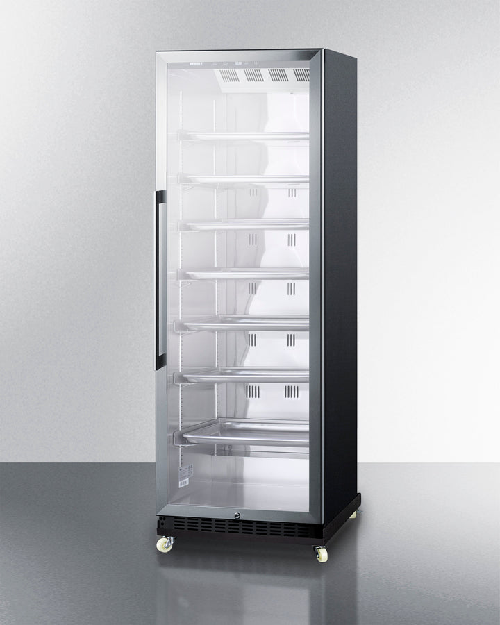 24'' Wide Upright Mini Reach-In Beverage Center With Stainless Steel Interior, Black Cabinet, Glass Door, And Dolly - SCR1401RI Summit Commercial