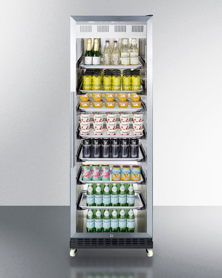 24'' Wide Upright Mini Reach-In Beverage Center With Stainless Steel Interior, Black Cabinet, Glass Door, And Dolly - SCR1401RI Summit Commercial