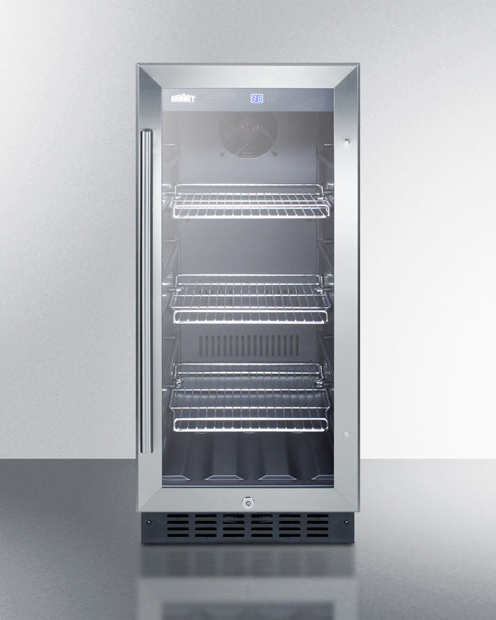 15'' Wide Built-In Undercounter Glass Door Beverage Cooler For Home Or Commercial Use, With Digital Controls, Lock, LED Light, And Stainless Steel Cabinet - SCR1536BGCSS Summit