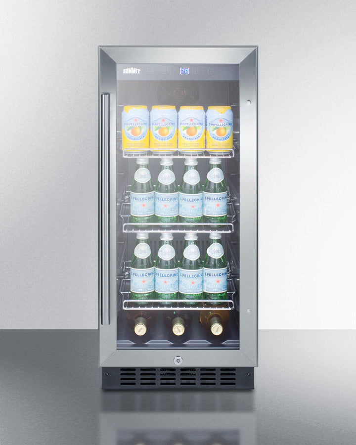 15'' Wide Built-In Undercounter Glass Door Beverage Cooler For Home Or Commercial Use, With Digital Controls, Lock, LED Light, And Black Cabinet - SCR1536BG Summit