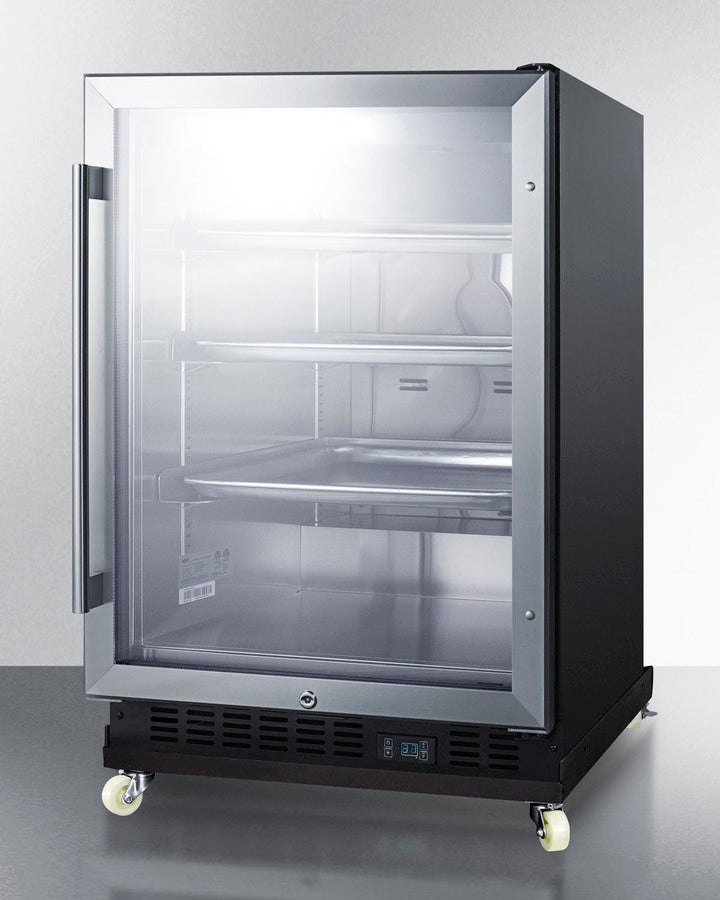 Mini Reach-In Beverage Center With Black Cabinet, Glass Door, And Dolly - SCR610BLRI Summit Commercial