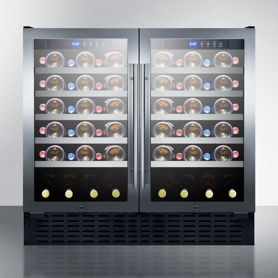 36'' Wide 68 Bottle Built-In Undercounter Dual Zone Wine Cellar With Two Seamless Stainless Steel Trimmed Glass Doors, Digital Controls, And Locks - SWC3668 Summit