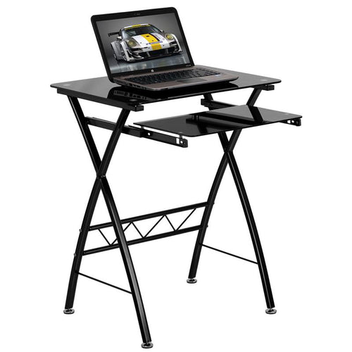 Black Tempered Glass Computer Desk with Pull-Out Keyboard Tray - Flash Furniture