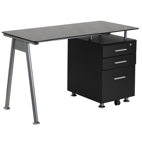 Black Glass Computer Desk with Three Drawer Pedestal - Flash Furniture