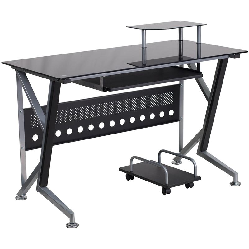 Black Glass Computer Desk with Pull-Out Keyboard Tray and CPU Cart - Flash Furniture