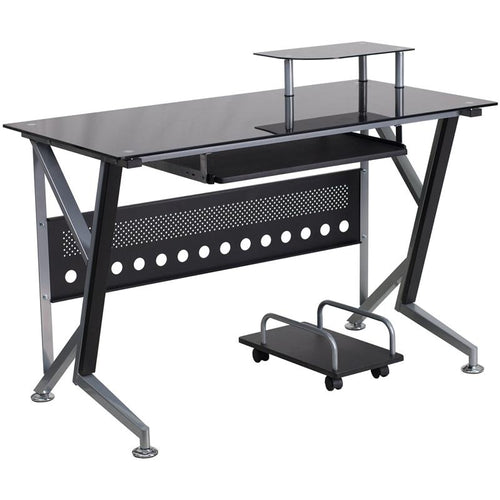 Black Glass Computer Desk with Pull-Out Keyboard Tray and CPU Cart - Flash Furniture