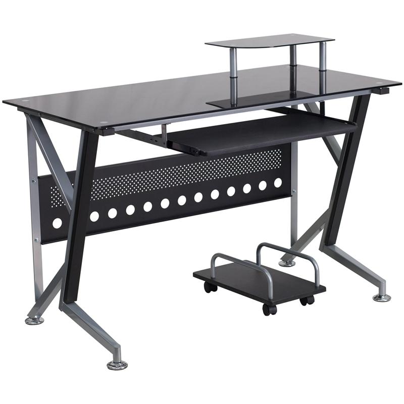 Black Glass Computer Desk with Pull-Out Keyboard Tray and CPU Cart - Flash Furniture
