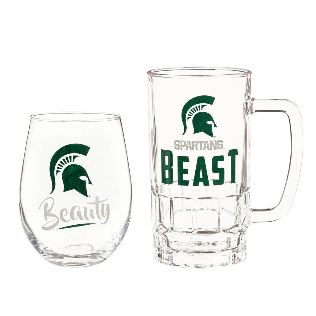 Michigan State Spartans Drink Set Boxed 17oz Stemless Wine and 16oz Tankard - Evergreen Enterprises