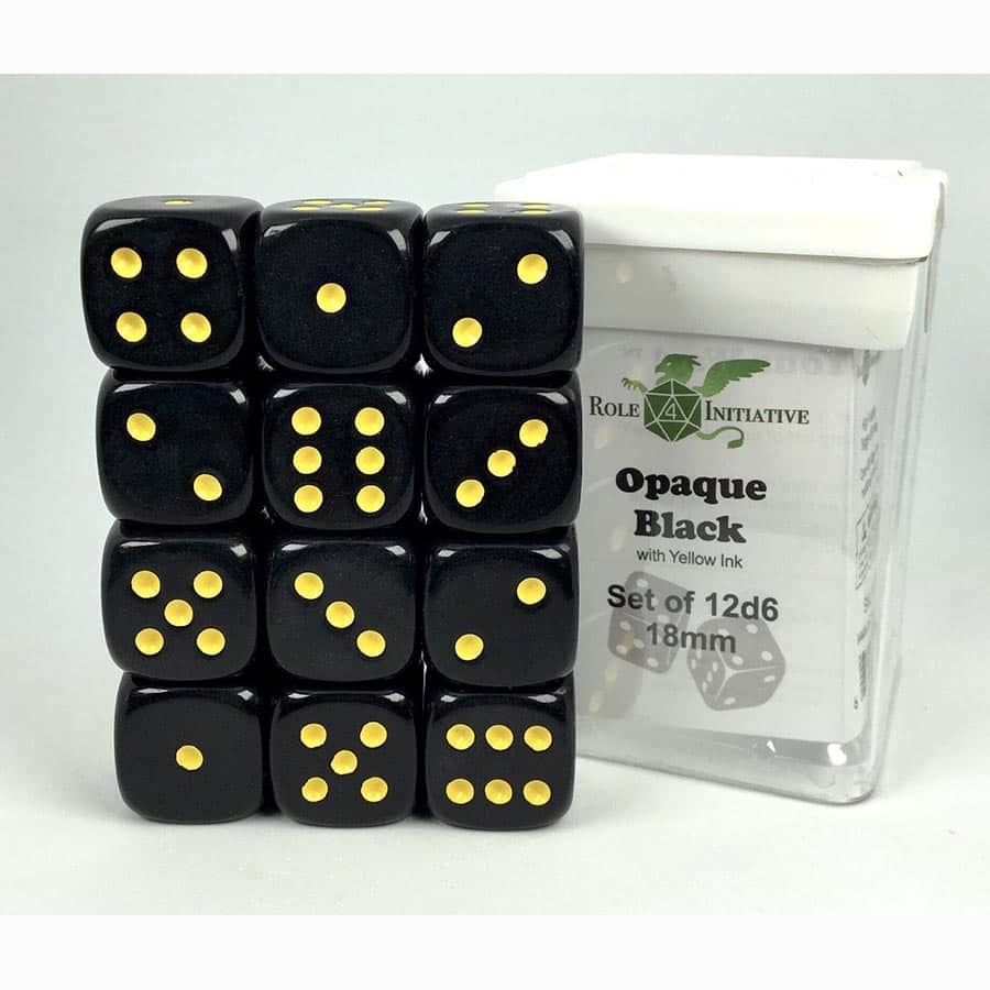 Role 4 Initiative Llc -  12D6 Pips - 12Ct Dice Set: 18Mm D6: Opaque Black With Yellow
