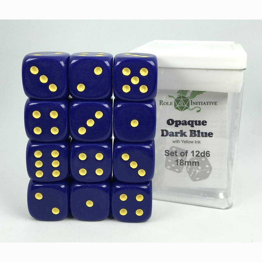 Role 4 Initiative Llc -  12D6 Pips - 12Ct Dice Set: 18Mm D6: Opaque Dark Blue With Yellow