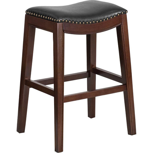 30'' High Backless Cappuccino Wood Barstool with Black LeatherSoft Saddle Seat - Flash Furniture