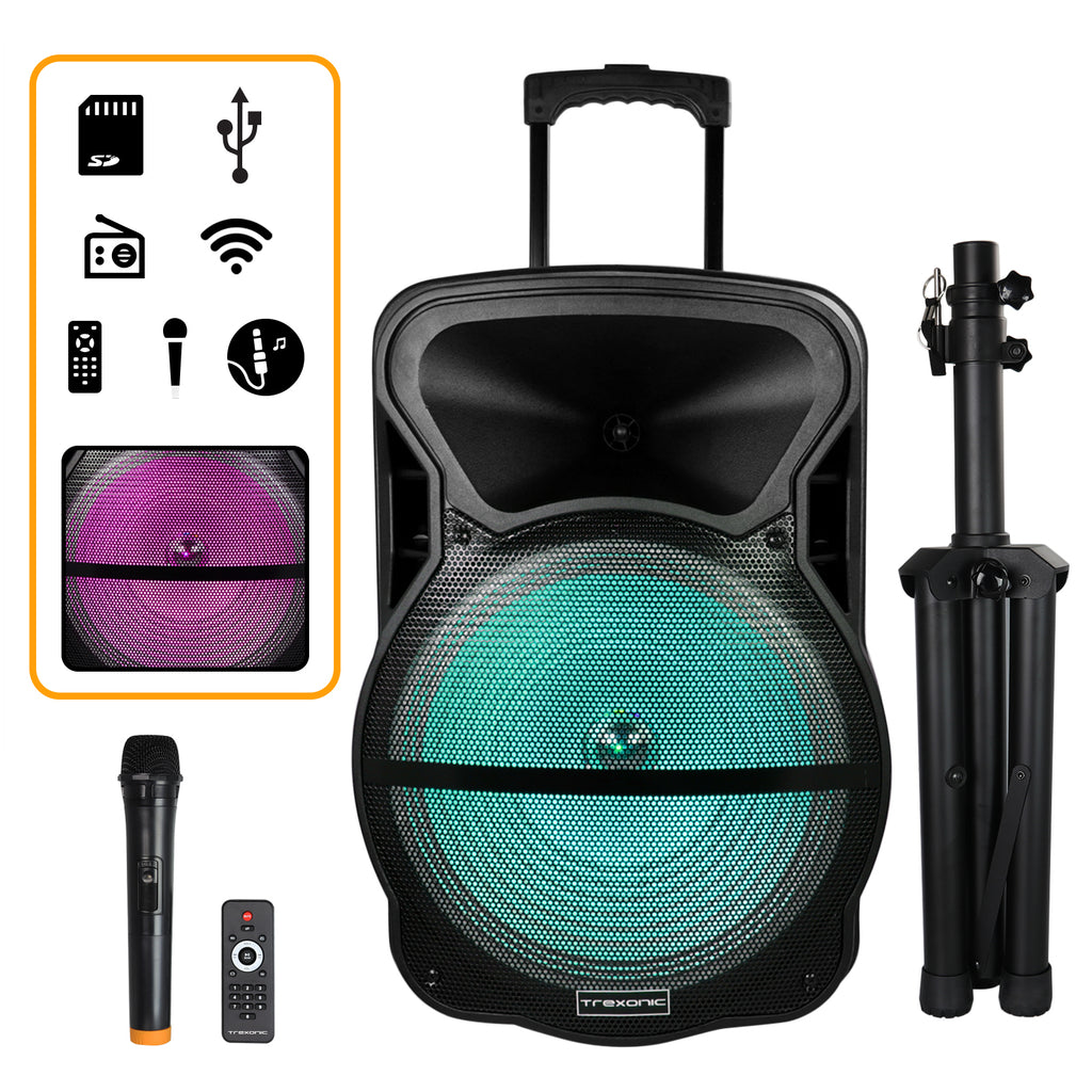 Trexonic  Combination 15 Inch Bluetooth Portable Speaker and Tripod Stand with Reactive Lights, FM Radio, USB/TF Inputs, Rechargeable Battery  &amp; Voice Broadcast - Factory Reconditioned