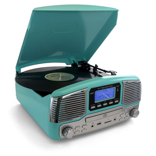 Trexonic Refurbshied  Retro Wireless Bluetooth, Record and CD Player in Turquoise - Factory Reconditioned