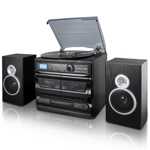 Trexonic  3-Speed Vinyl Turntable Home Stereo System with CD Player, Dual Cassette Player, Bluetooth, FM Radio & USB/SD Recording and Wired Shelf Speakers