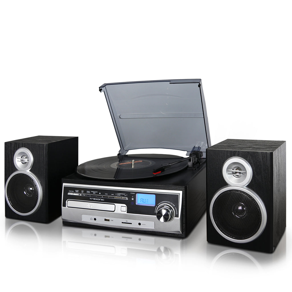 Trexonic  3-Speed Turntable With CD Player, FM Radio, Bluetooth, USB/SD Recording and Wired Shelf Speakers - Factory Reconditioned