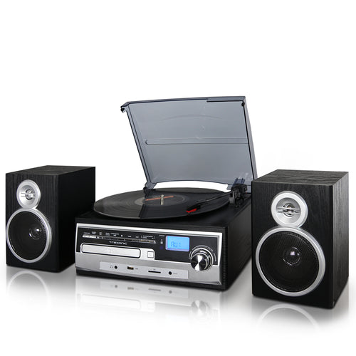Trexonic  3-Speed Turntable With CD Player, FM Radio, Bluetooth, USB/SD Recording and Wired Shelf Speakers - Factory Reconditioned
